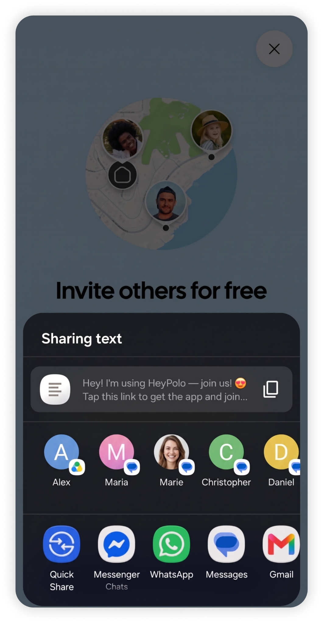 HeyPolo invite share sheet with messaging apps