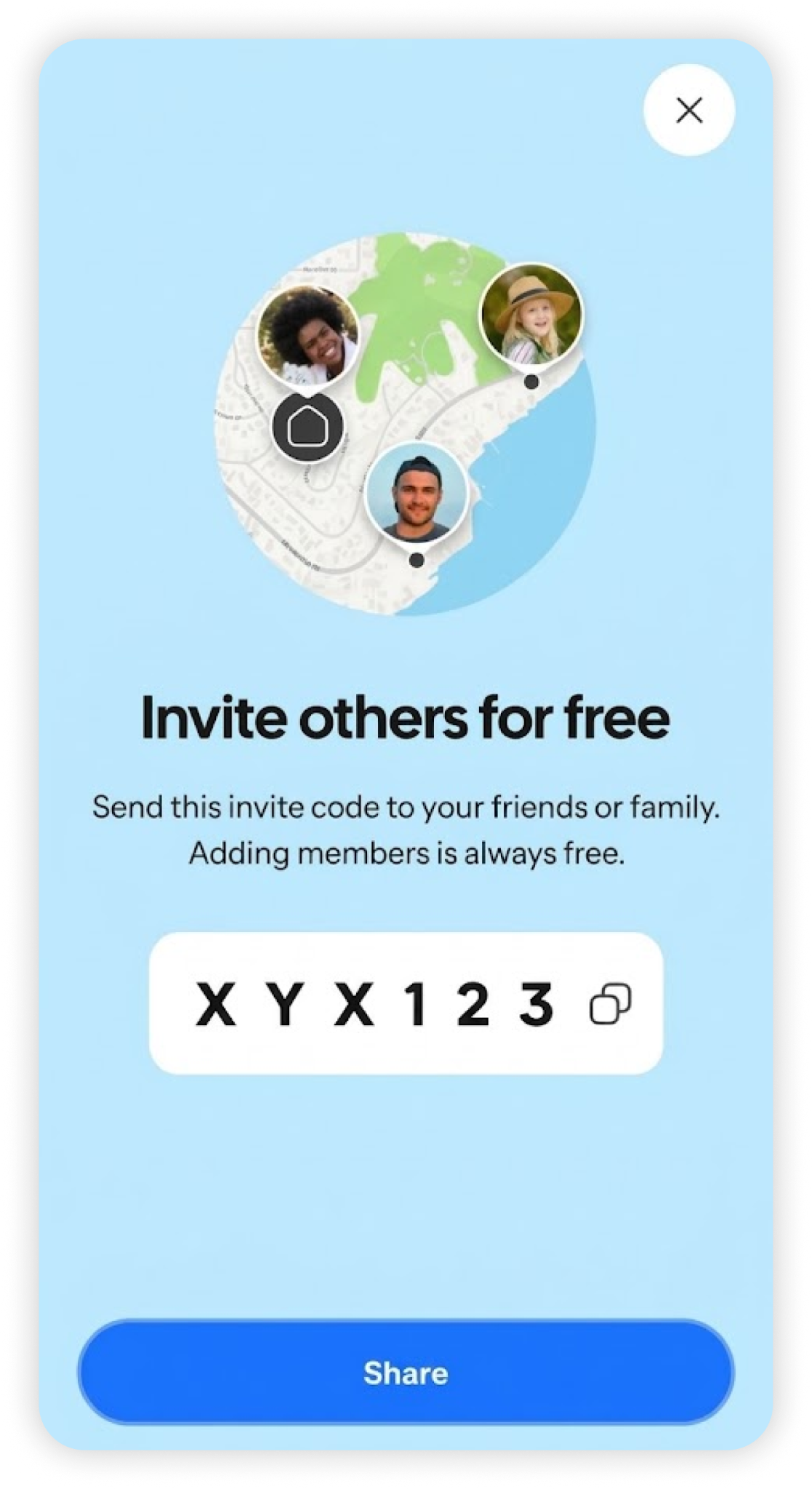 HeyPolo invite screen with invite code and Share