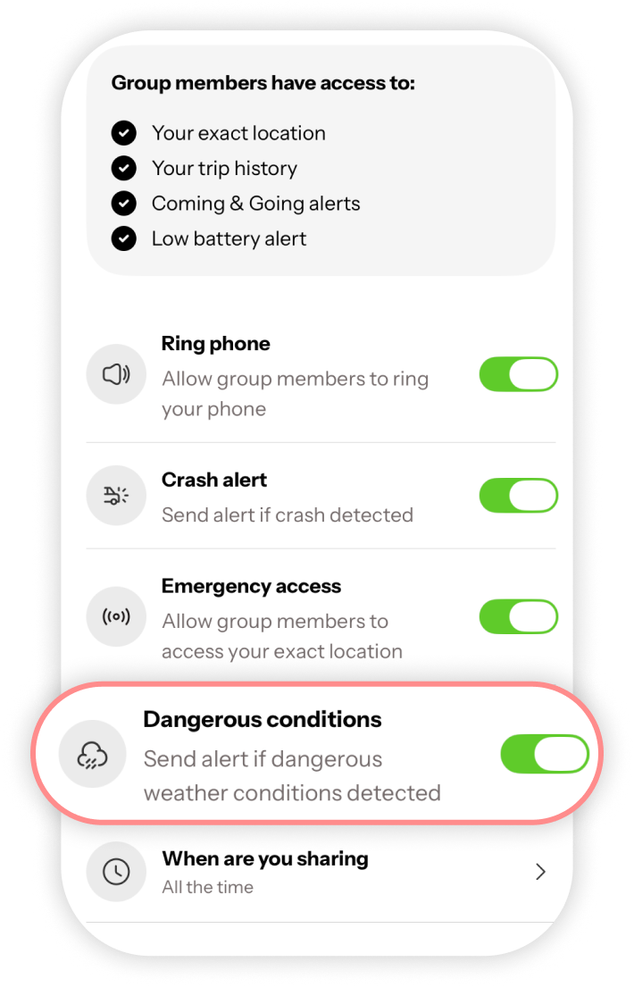 My Visibility settings open on the HeyPolo app with Dangerous conditions toggle highlighted.