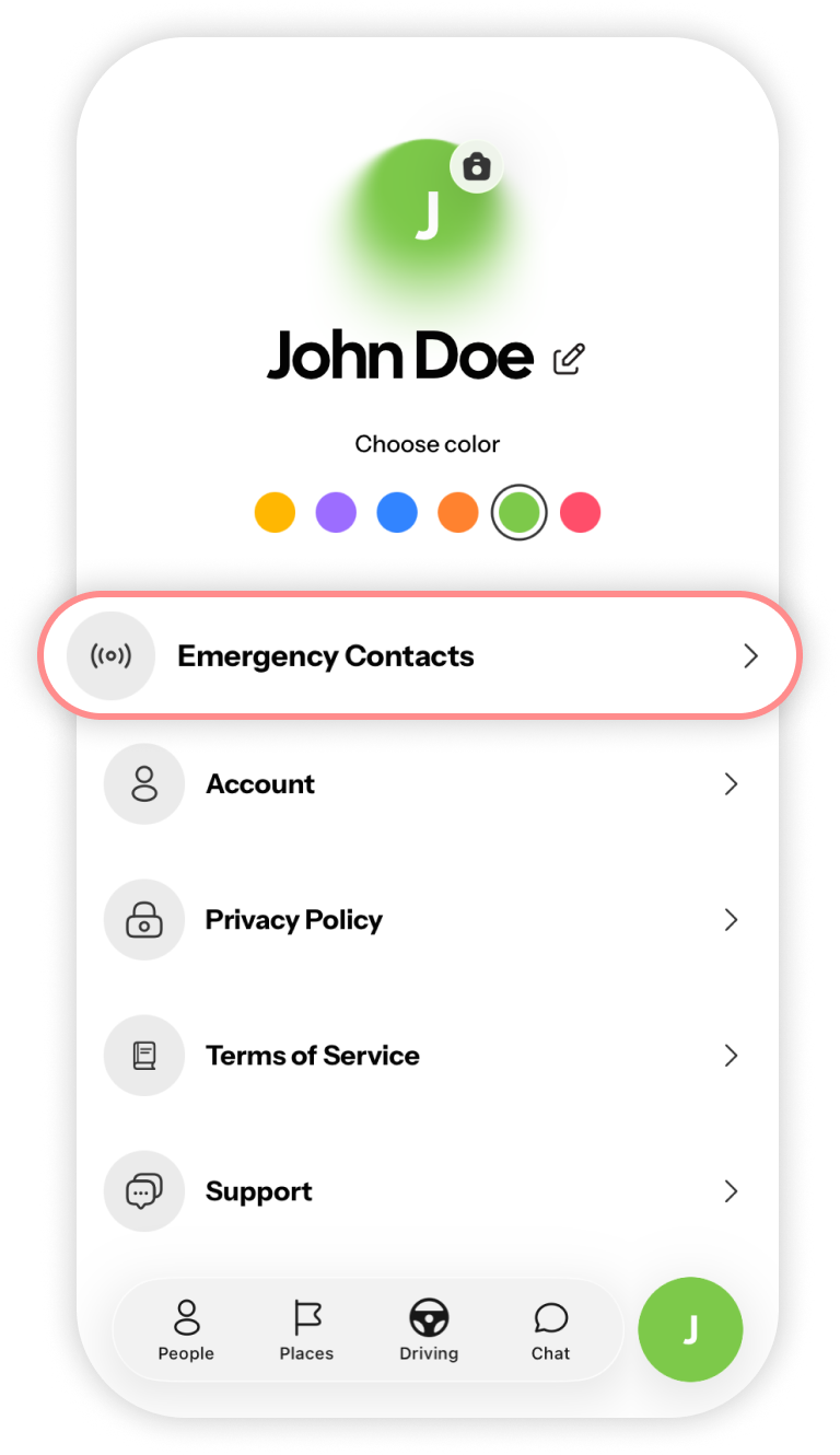 Emergency contacts setting highlighted 